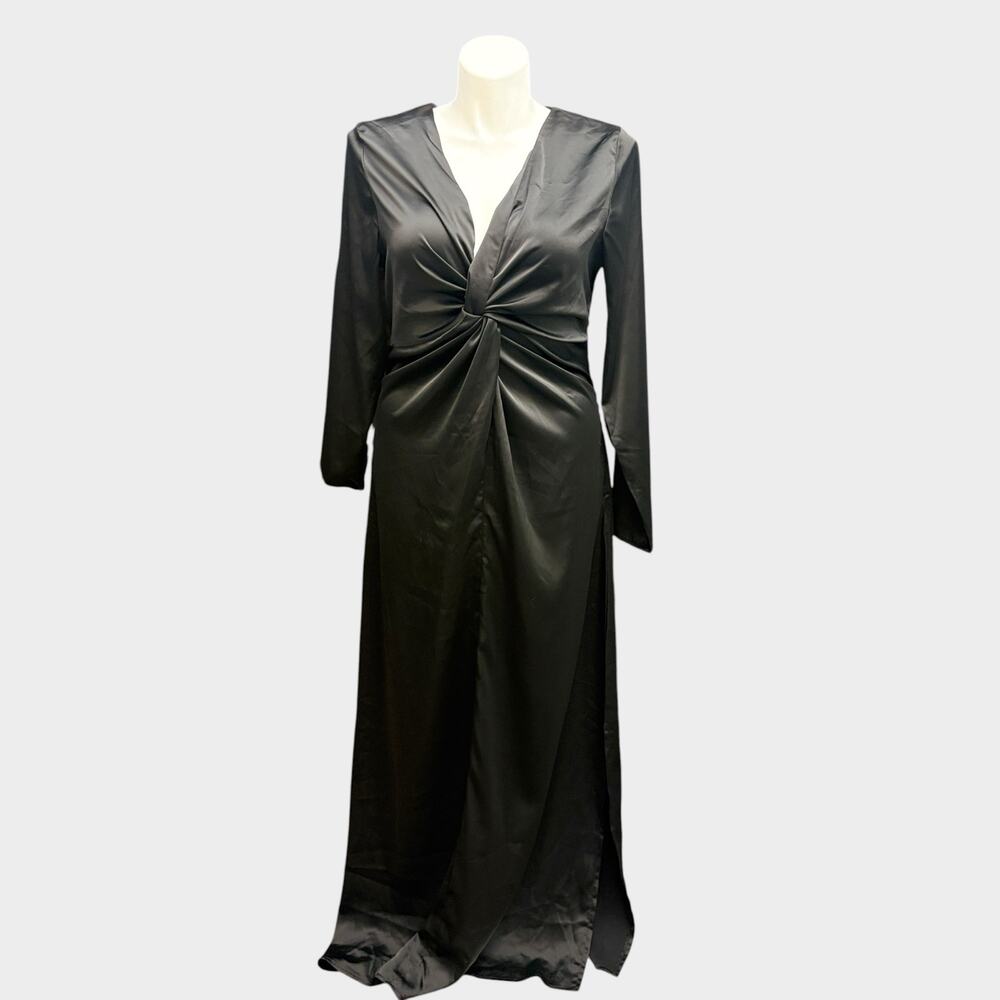Nasty Gal Dress Black Satin Twist Front Plunge Maxi Long Sleeve Gown NWT Size 12